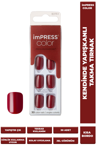 İmpress Color Kendinden Yapışkanlı Takma Tırnak Kısa Parlak Bordo - imPRESS