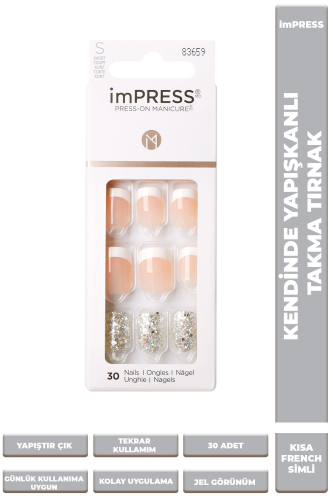 İmpress Kendinden Yapışkanlı Takma Tırnak Kısa French Taşlı - imPRESS