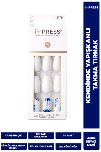İmpress Kendinden Yapışkanlı Takma Tırnak Uzun Oval Beyaz Mavi - imPRESS