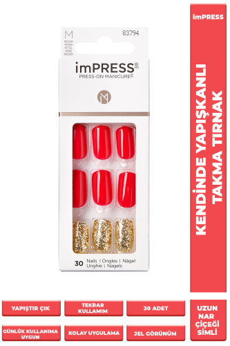 İmpress Kendinden Yapışkanlı Takma Tırnak Uzun Nar Çiçeği Simli - imPRESS