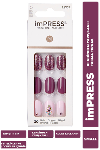 İmpress Kendinden Yapışkanlı Takma Tırnak Kısa Bordo Simli - imPRESS