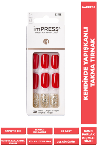İmpress Kendinden Yapışkanlı Takma Tırnak Uzun Kırmızı Simli - imPRESS