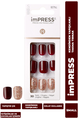 İmpress Kendinden Yapışkanlı Takma Tırnak Kısa Bordo Simli - imPRESS