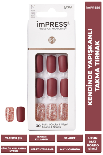 İmpress Kendinden Yapışkanlı Takma Tırnak Uzun Mat Bordo Simli - imPRESS