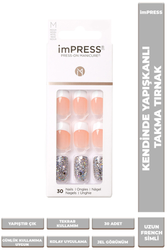 İmpress Kendinden Yapışkanlı Takma Tırnak Uzun Simli Beyaz French - imPRESS